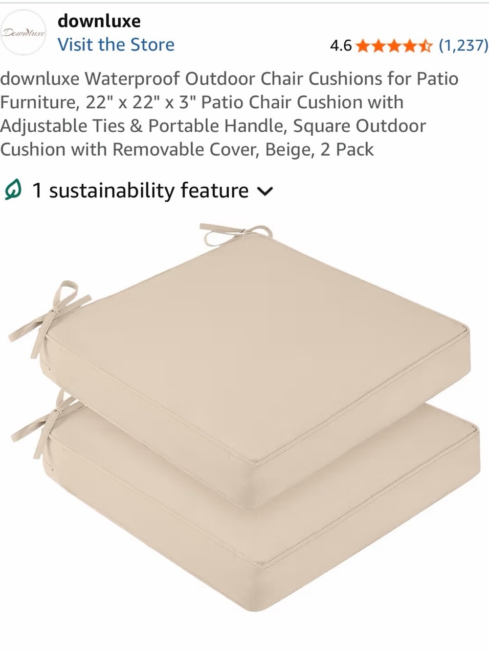 Set Of 2 Downluxe Patio Outdoor Seat Cushion Covers 22x22” Beige Ties NEW
